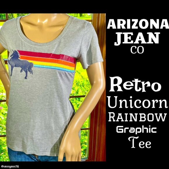 ▪️ARIZONA JEAN CO▪️Retro UNICORN Rainbow Stripe Graphic T-Shirt Tee - Picture 1 of 6